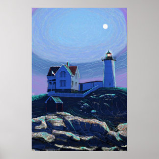 Moonlit Nubble Lighthouse Standard Premium Leinwan Poster