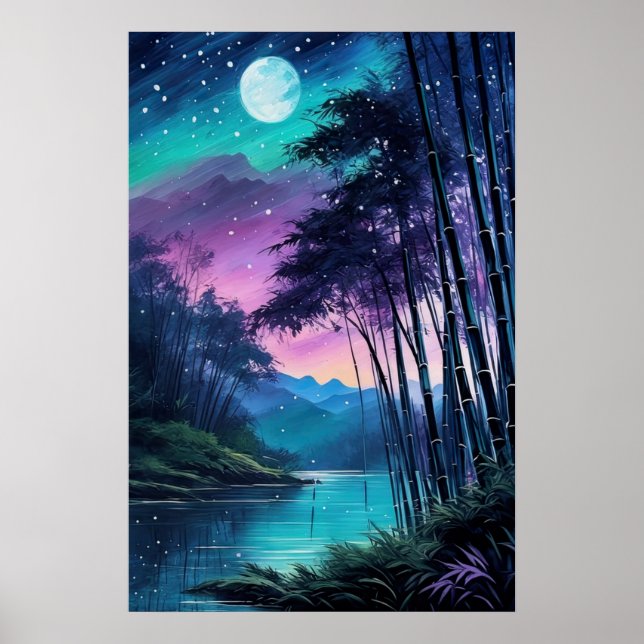 Moonlit Oasis: Bamboo-Clad Riverbank Poster (Vorne)