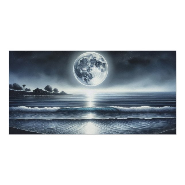 Moonlit Ocean Waves Celestis Night Sky Poster (Vorderseite)