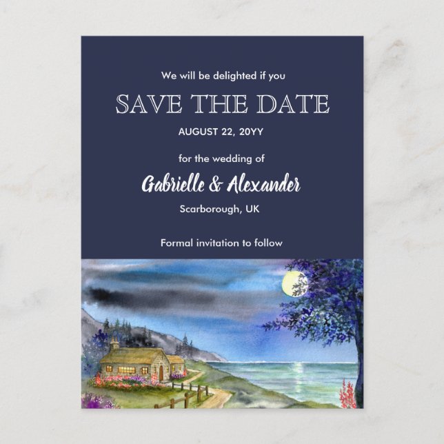 Moonlit Path Watercolor Wedding Save the Date Ankündigungspostkarte (Vorderseite)