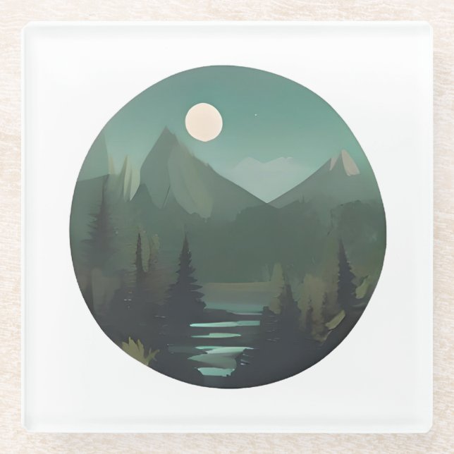 Moonlit Peaks: Eine nächtliche Wildnis-Szene Glasuntersetzer (Vorderseite)