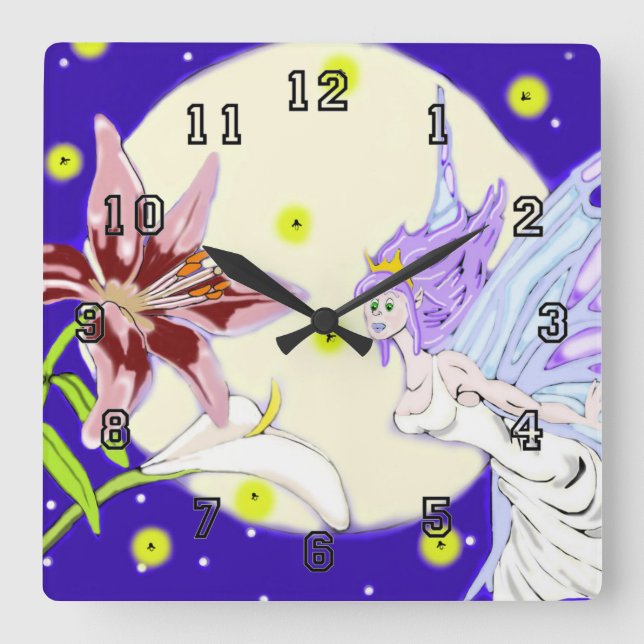 Moonlit Pixie Wall Clock Quadratische Wanduhr (Vorderseite)