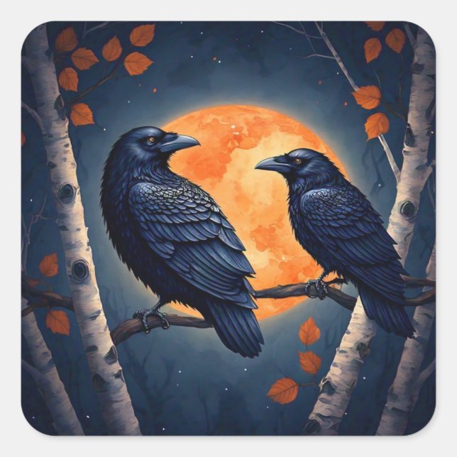 Moonlit Ravens auf Birkenbäumen Quadratischer Aufkleber (Vorderseite)
