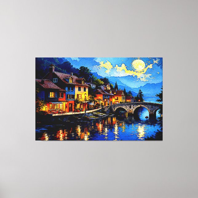 Moonlit Riverside Village Leinwanddruck (Vorderseite)