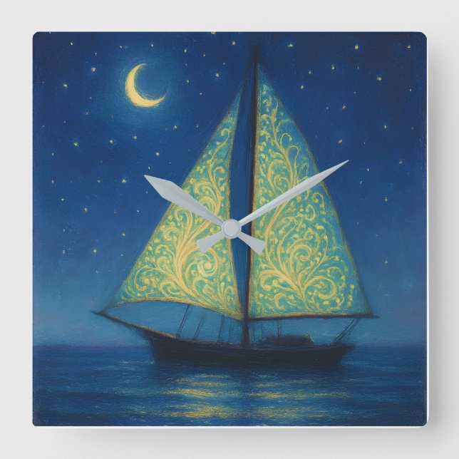 Moonlit Sailboat - Pastel Painting Style Night Art Quadratische Wanduhr (Vorderseite)