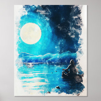 Moonlit Serenity Meditative Nightscape Wasserfarbe Foliendrucke