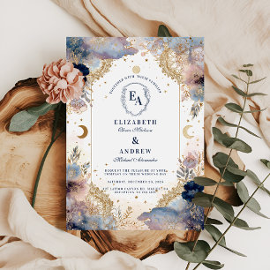 Moonlit Sky and Rose Floral Wedding Einladung