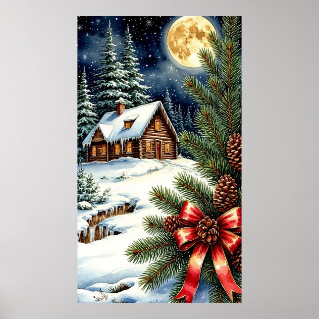 🏡 Moonlit Snowy Cabin in Enchanted Winter Forest  Poster (Vorne)