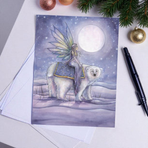 Moonlit Solstice Fairy and Polar Bear Art Postkarte