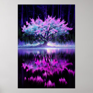 Moonlit Tree Embraced by the Charming Lake Poster