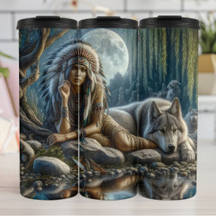 Moonlit Vigil: Frau und Wolf. Thermosbecher