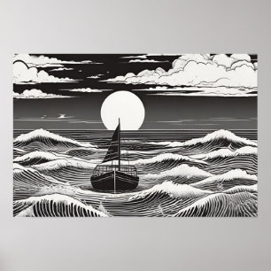 Moonlit Voyage Nautic Serenade Schwarz-Weiß Poster