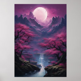 Moonlit Wasserfall und farbenfrohe Landschaft Poster