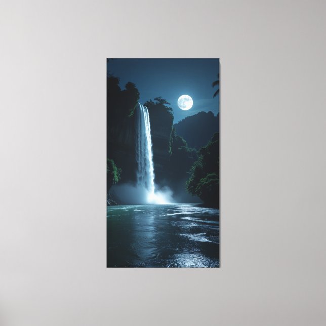 Moonlit Waterfall - Cinematic Night Landschaft Leinwanddruck (Vorderseite)