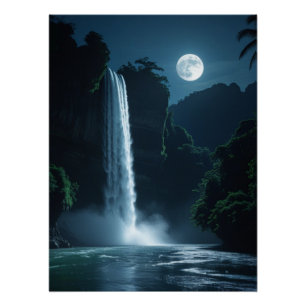 Moonlit Waterfall - Cinematic Night Landschaft Poster