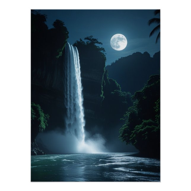Moonlit Waterfall - Cinematic Night Landschaft Poster (Vorderseite)