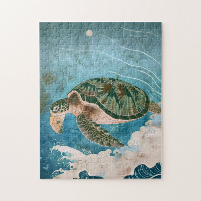 Moonlit Waves - Sea Turtle, Japanese Art Puzzle (Vertikal)