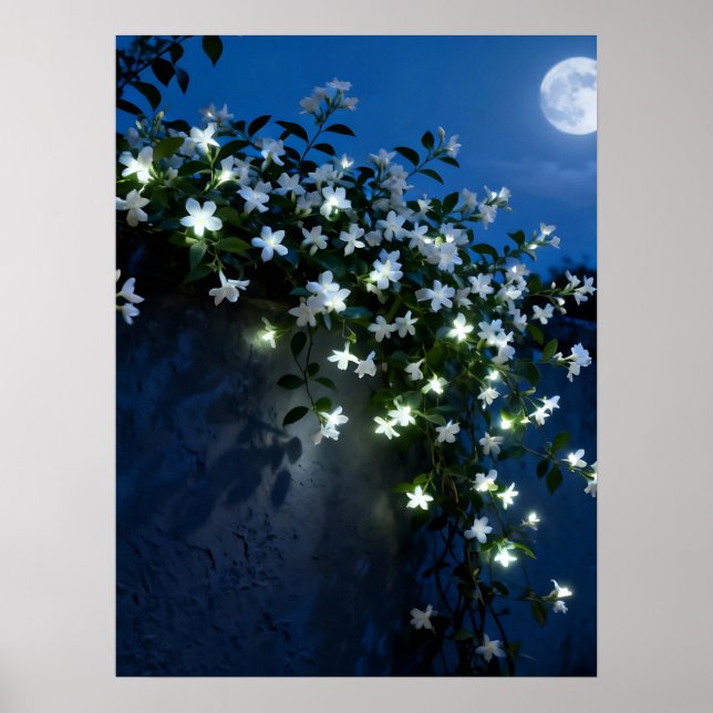 Moonlit White Flowers Vine Art Poster (Vorne)