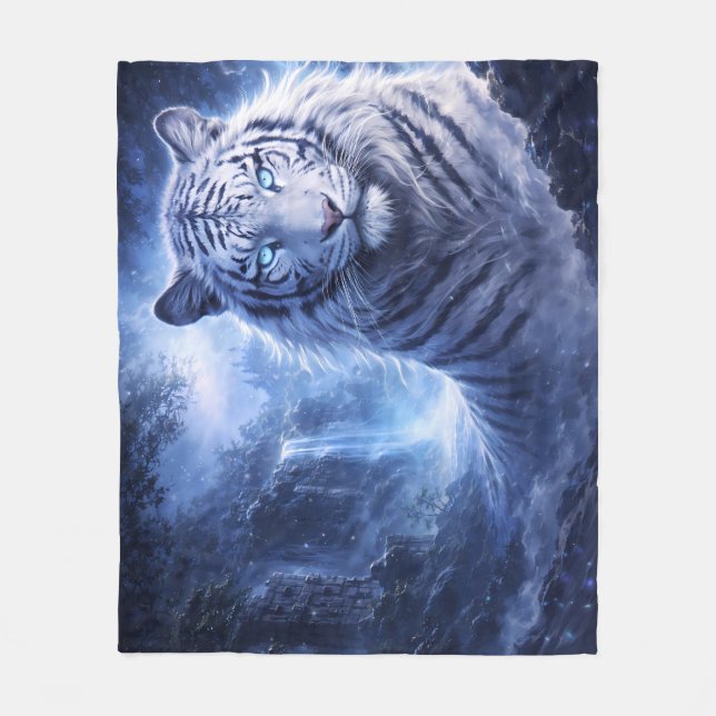 Moonlit White Tiger Guardian – Blue Fantasy Spirit Fleecedecke (Vorderseite)