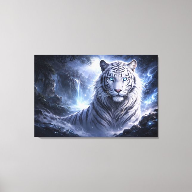 Moonlit White Tiger Guardian – Blue Fantasy Spirit Leinwanddruck (Vorderseite)