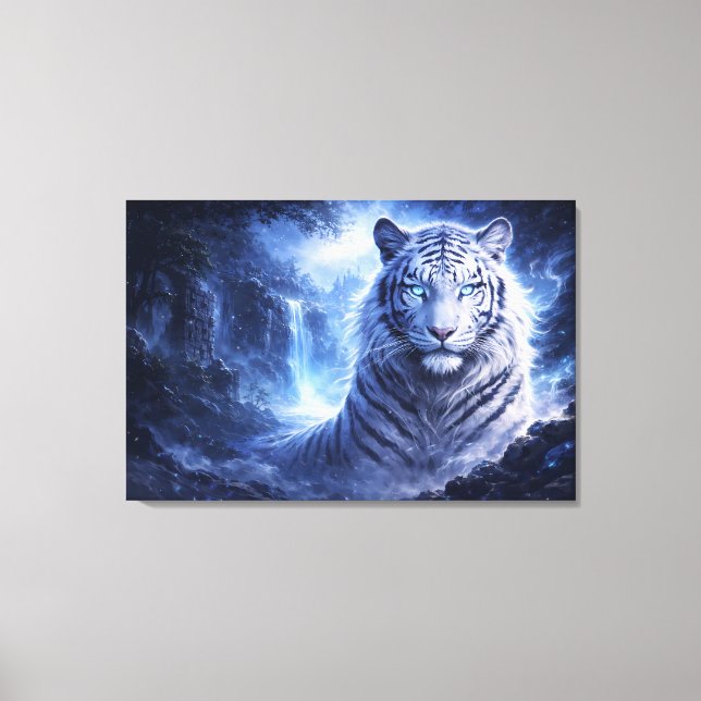 Moonlit White Tiger Guardian – Blue Fantasy Spirit Leinwanddruck (Vorderseite)