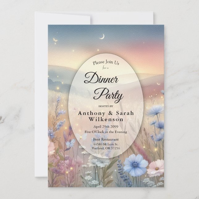 Moonlit Wildblume Whispers Dinner Party Einladung (Vorderseite)