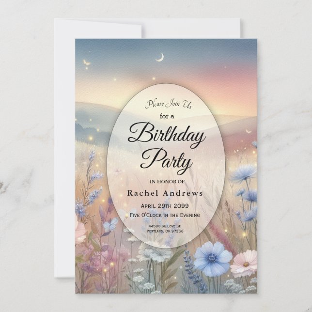 Moonlit Wildblume Whispers Geburtstagsparty Einladung (Vorderseite)