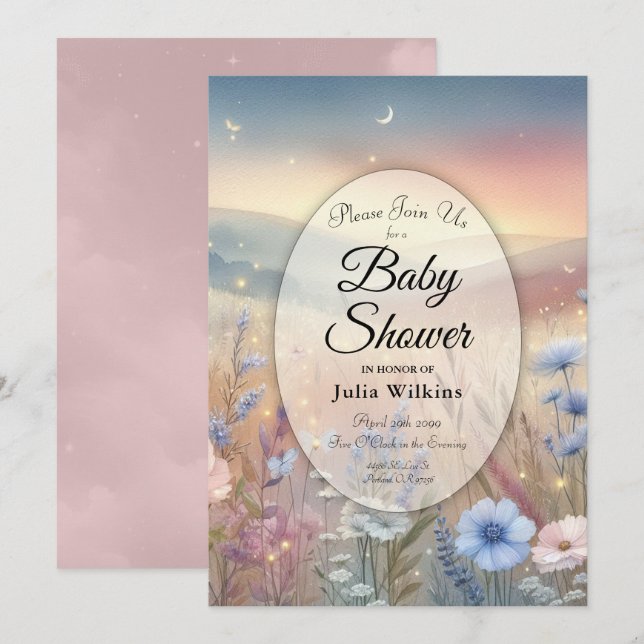 Moonlit Wildblume Whispers Kinderdusche Einladung (Vorne/Hinten)