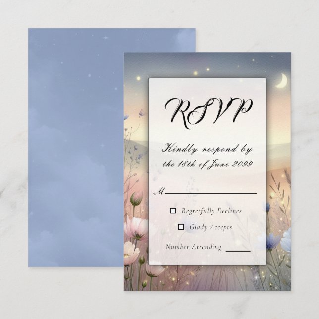 Moonlit Wildblume Whispers Wedding RSVP Karte (Vorne/Hinten)