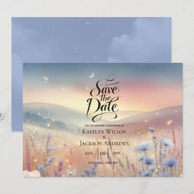 Moonlit Wildblume Whispers Wedding Save The Date (Vorne/Hinten)