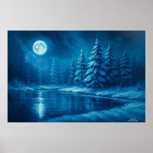Moonlit Winter Forest by a Lake Poster (Vorne)