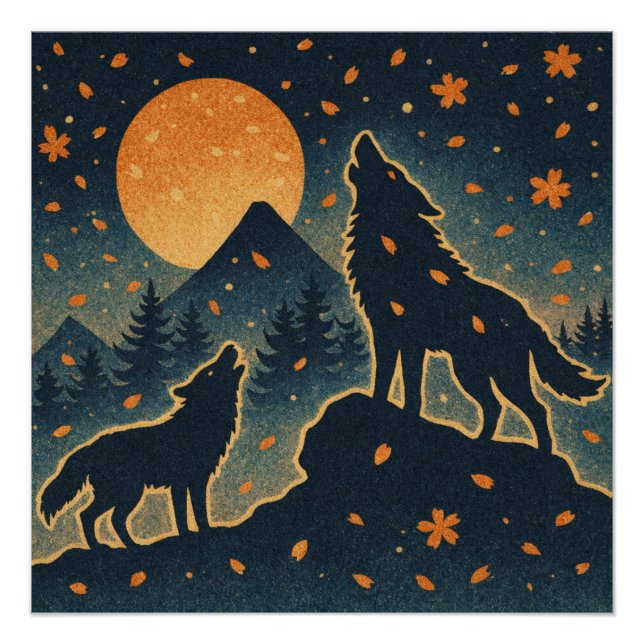 Moonlit Wolves & Mount Fuji – Japanese Night Art  Poster (Vorderseite)