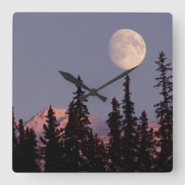 Moonrise Early Winter | Anchorage, Alaska Quadratische Wanduhr (Vorderseite)