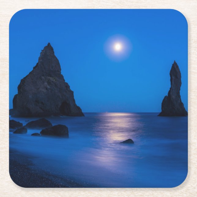 Moonrise Reflection | Iceland, Reynisdrangur Rechteckiger Pappuntersetzer (Vorderseite)
