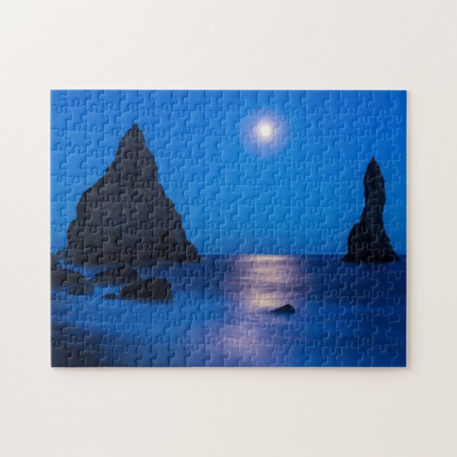 Moonrise-Reflektion | Island, Reynisdrangur Puzzle (Horizontal)