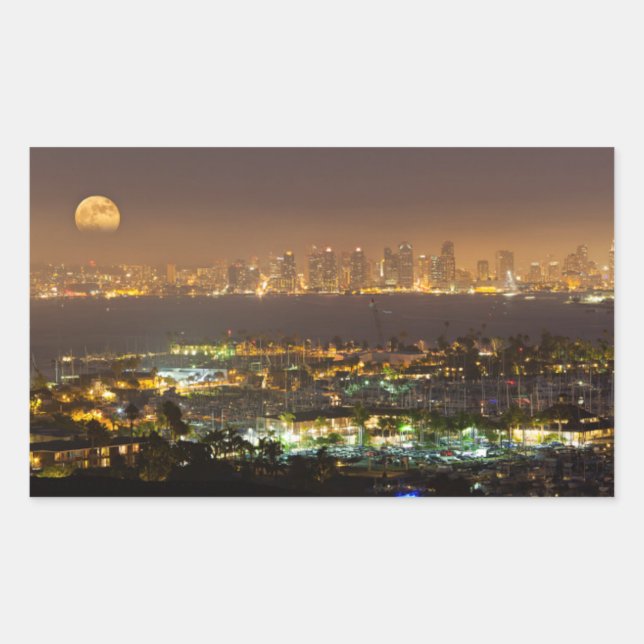Moonrise über die Skyline von San Diego Rechteckiger Aufkleber (Vorderseite)