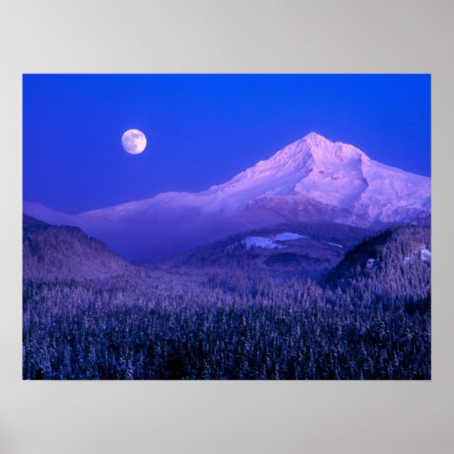 Moonrise über Hood Oregon im Winter Poster (Vorne)