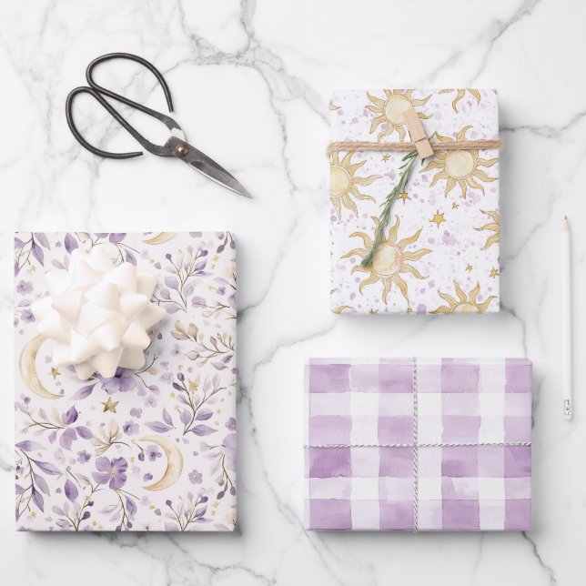 Moons Stars & Purple Flowers Baby Shower Geschenkpapier Set (Vorderseite)