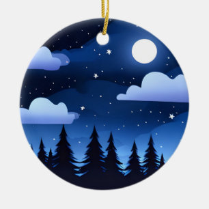 Moonscape mit Sternen und Pinienbäumen Keramik Ornament