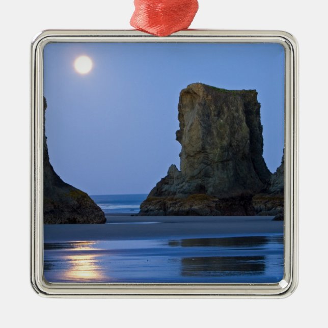 Moonset, Bandon Beach, Oregon. Ornament Aus Metall (Vorne)