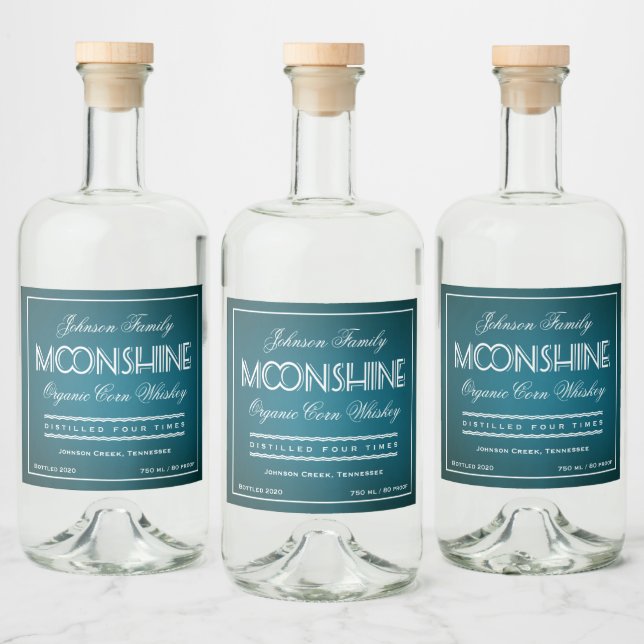 Moonshine Aquamarin und weiß Alkoholflaschenetikett (Flaschen)