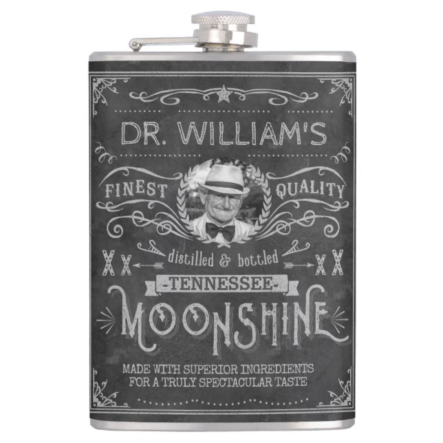 Moonshine Vintag Hillbilly Medicine Custom Gray Flachmann (Vorderseite)