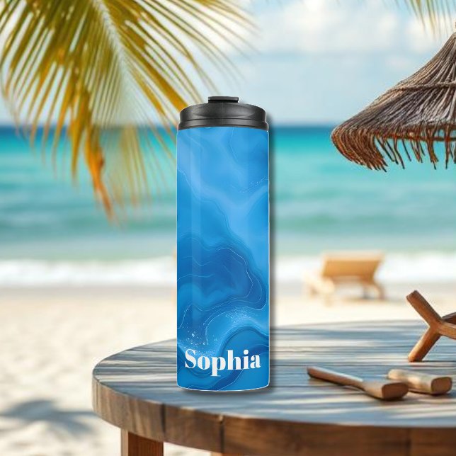 Moonstone Blue- Thermosbecher (Blue Moonstone-Thermal Tumbler-modern abstract art-water-summer-beach-personalized drinkware, )
