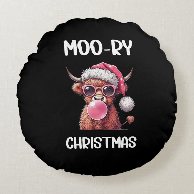 Moory Christmas Scottish Higland Cow Rundes Kissen (Vorderseite)