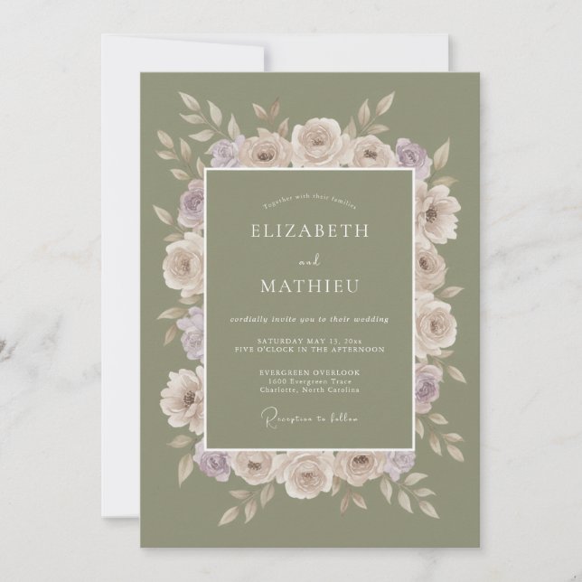 Moos-Mauve-Ranunculus-Hochzeit Einladung (Vorderseite)