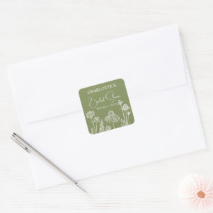 Moos-Wildblumen-Skizzierte Blumige Hochzeitsdusche Quadratischer Aufkleber