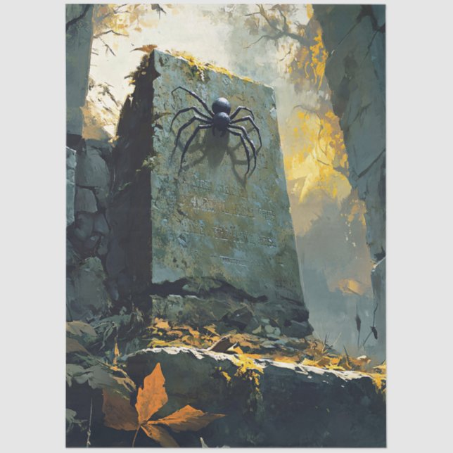 Moosbedeckter Grabstein mit Spider Decoupage Seidenpapier (Vorderseite)