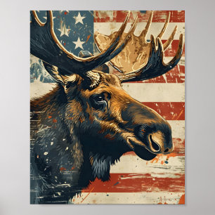 Moose American Flag Vintag Poster