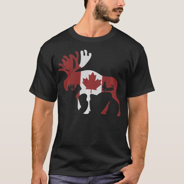 Moose Animal Canadian Flag Ahornblättriger Ahorn T-Shirt (Vorderseite)
