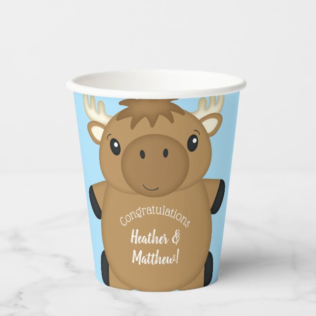 Moose Baby Shower Blue Boy Pappbecher (Vorderseite)